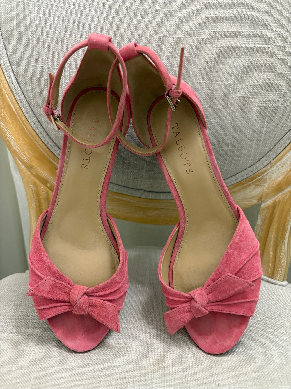 Talbots Coral Pink Suede Knotted Peep-Toe Ankle-Strap wedge heels
